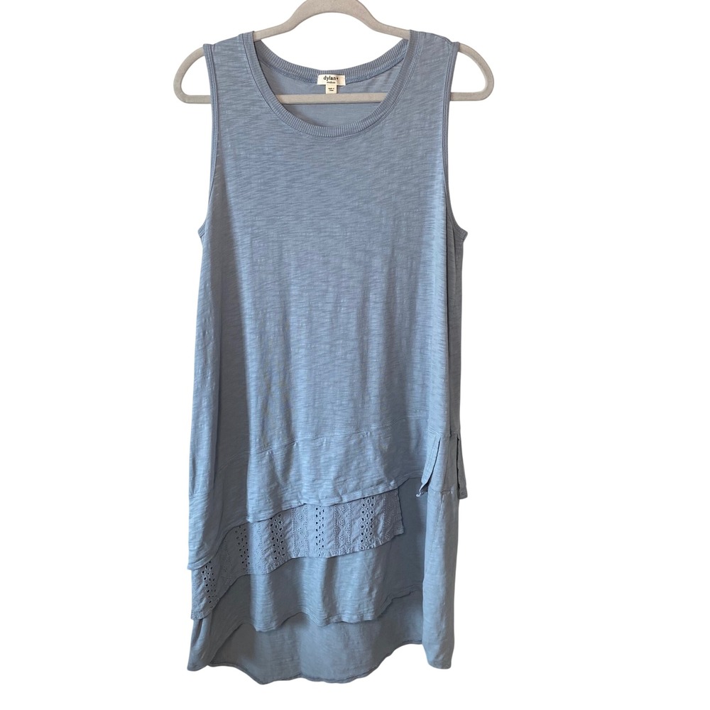 DYLAN Soft Slub Asymmetrical Tiered Midi Tank Dress Size M Blue Eyelet Lagenlook
